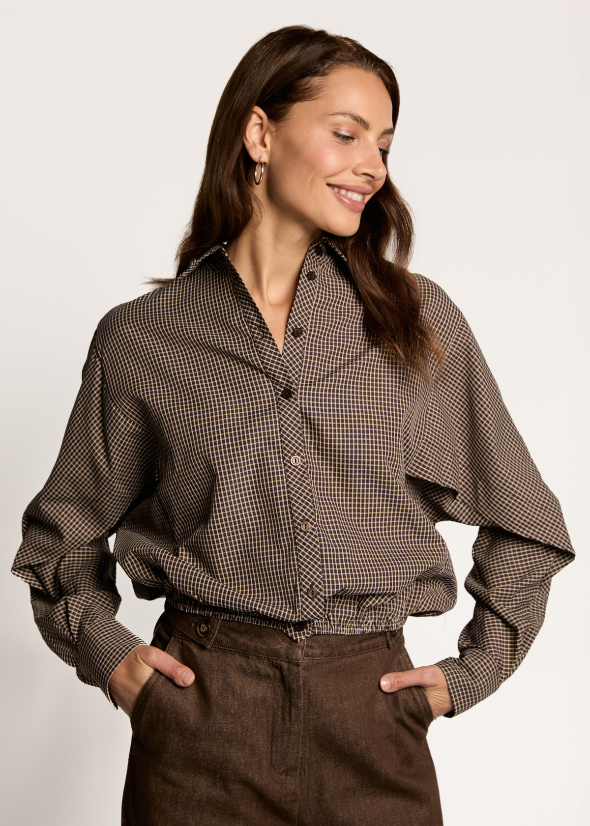 Blair Wide Drawstring Blouse - Chocolate Check