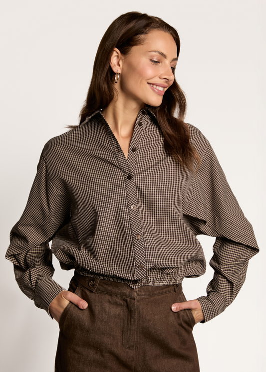 Blair Wide Drawstring Blouse - Chocolate Check