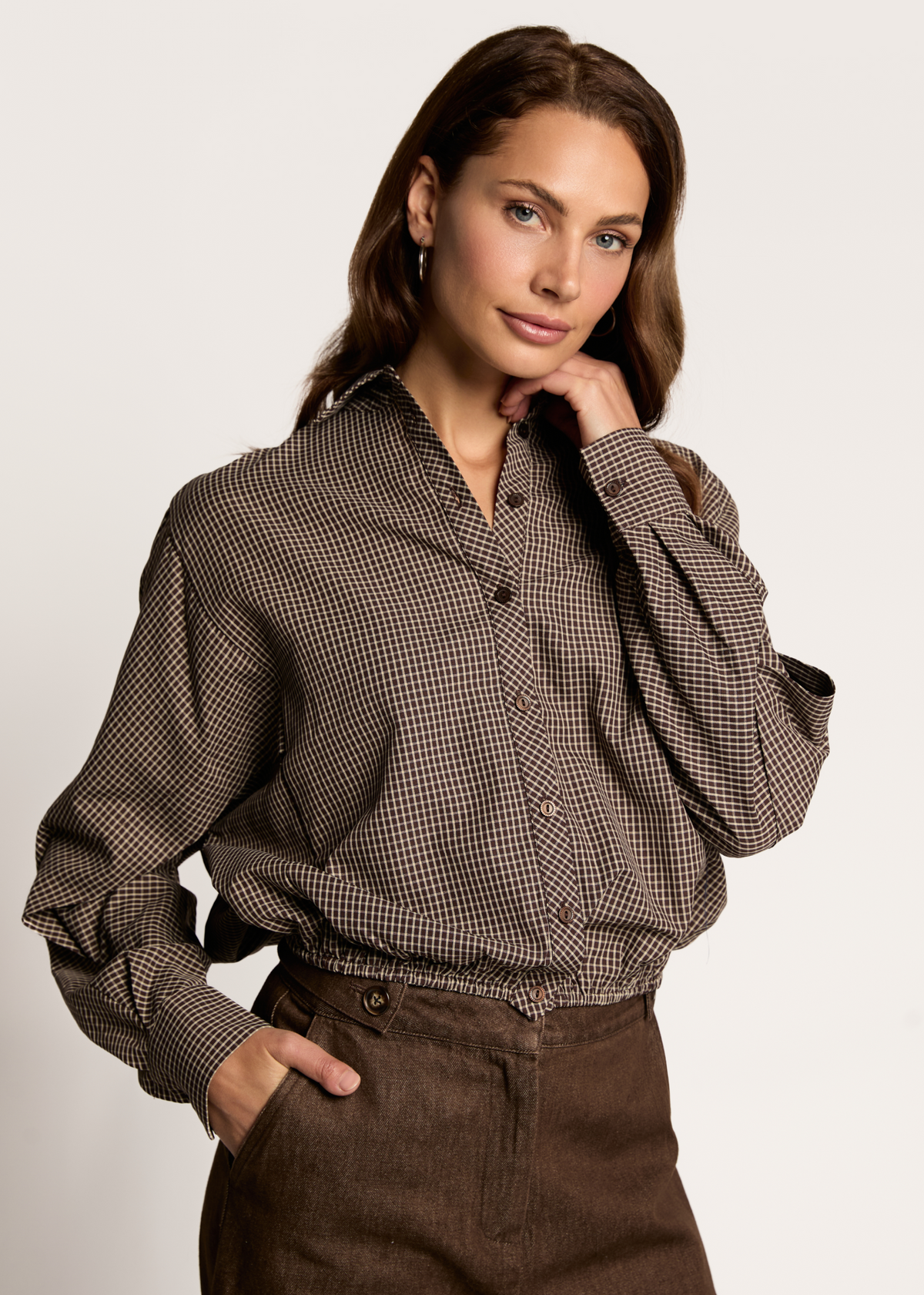 Blair Wide Drawstring Blouse - Chocolate Check