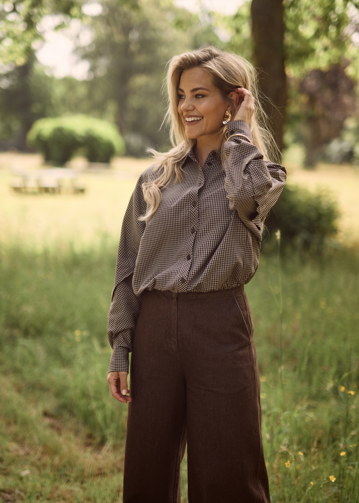 Blair Wide Drawstring Blouse - Chocolate Check