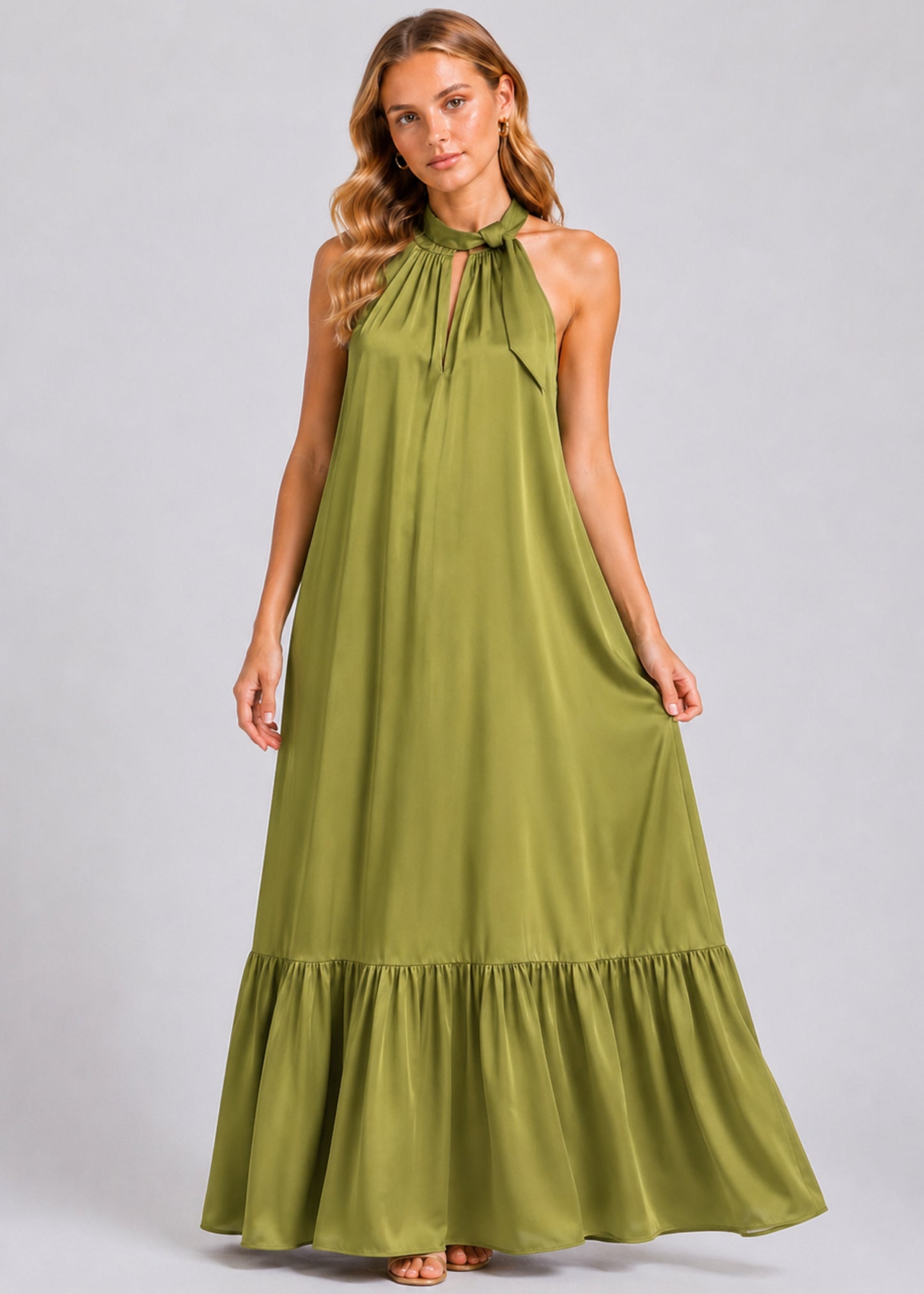 Daylight Maxi Halter Dress - Olive Silk
