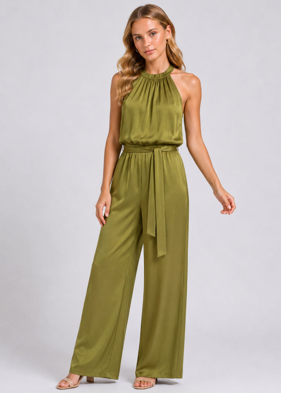 Joy Halter Jumpsuit - Olive Silk